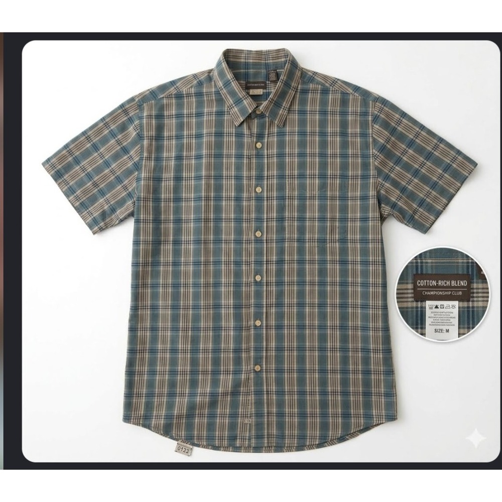 Van‎ Heusen Mens XL Classic Fit Short Sleeve Plaid Button Down Shirt Teal Tan